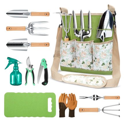 Gardening Tools 9-Piece Heavy Duty Gardening Hand Tools with Fashion and Durable Garden Tools Organizer Handbag,Rust-Proof Garden Tool Set, Ideal Gardening Gifts for Women