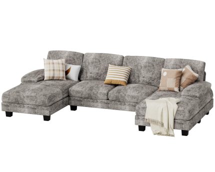Sectional Couches for Living Room, U Shaped Couch with Chenille Fabric, 4 Seat Modern Sofa with Removable Pillows for Apartment and Small Space (Fabric, Grey)