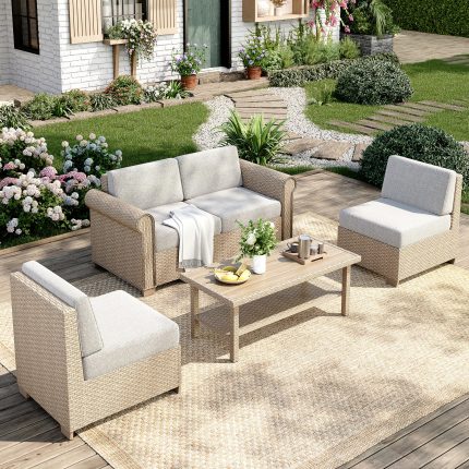 Patio Furniture Set, 5 Piece Outdoor Rattan Wicker Sectional Sofa Couch Conversation Set with 5.5" Thick Waterproof Cushions and Coffee Table for Deck Backyard