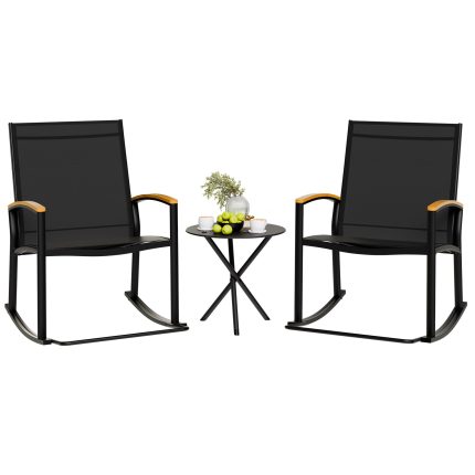 3 Piece Outdoor Rocking Bistro Set, Textilene Fabric Small Patio Furniture Set, Front Porch Rocker Chairs Conversation Set with Table for Lawn, Garden, Balcony, Poolside (Black)